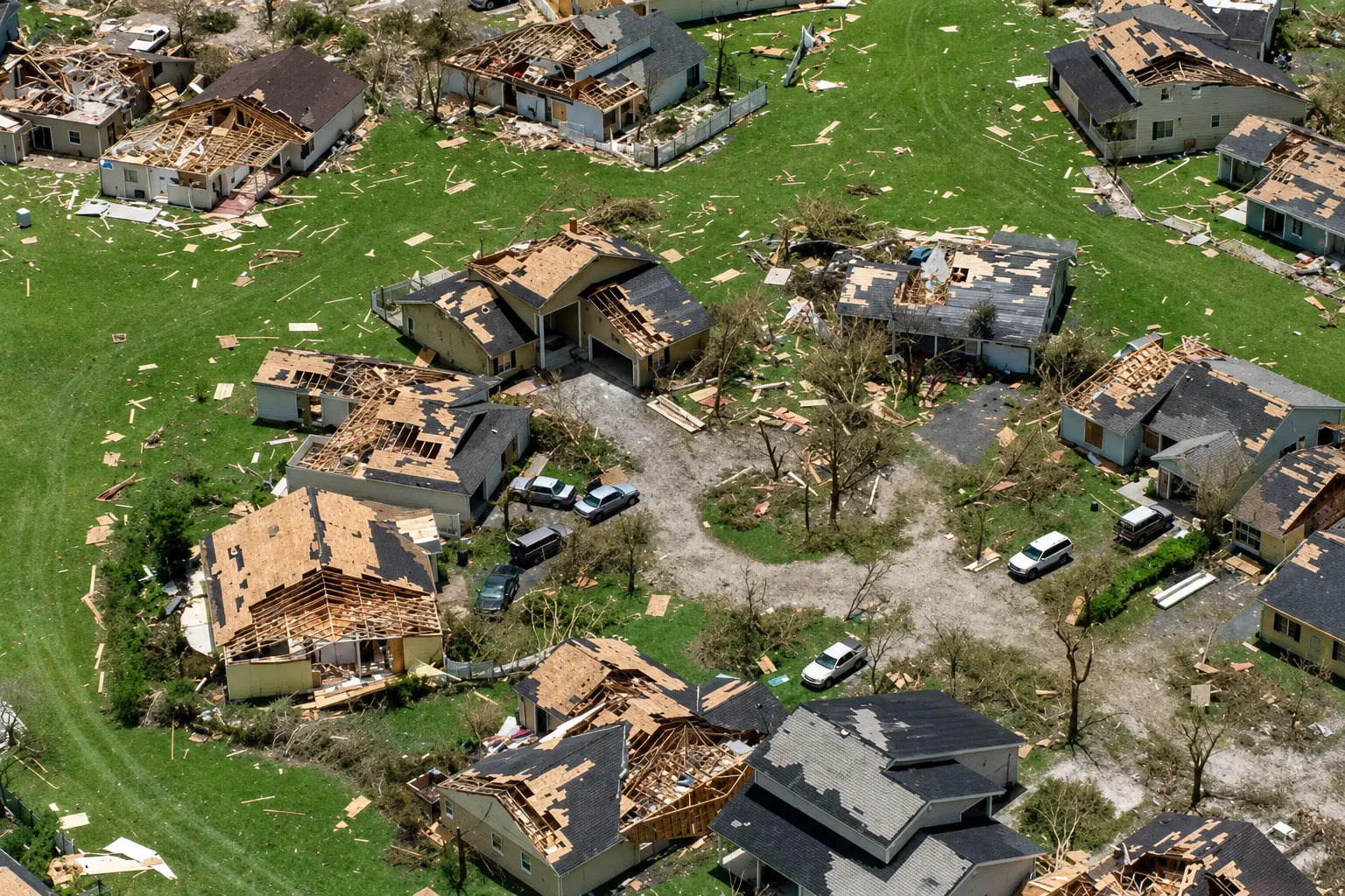 Aerial view of South Florida homes with roofs torn off after Hurricane Andrew
